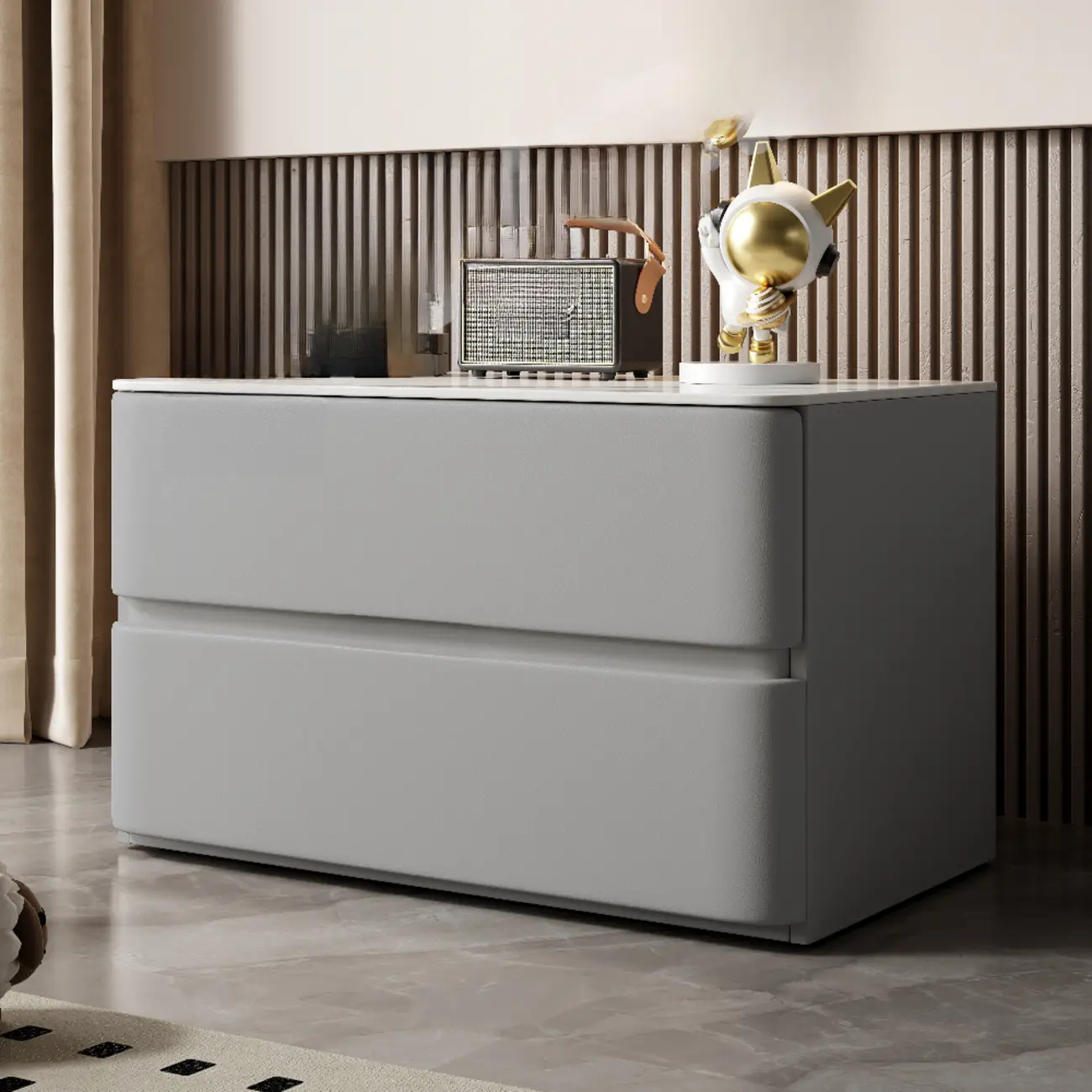 Modern Stone Top Wooden White Bedside Table 2 Drawers