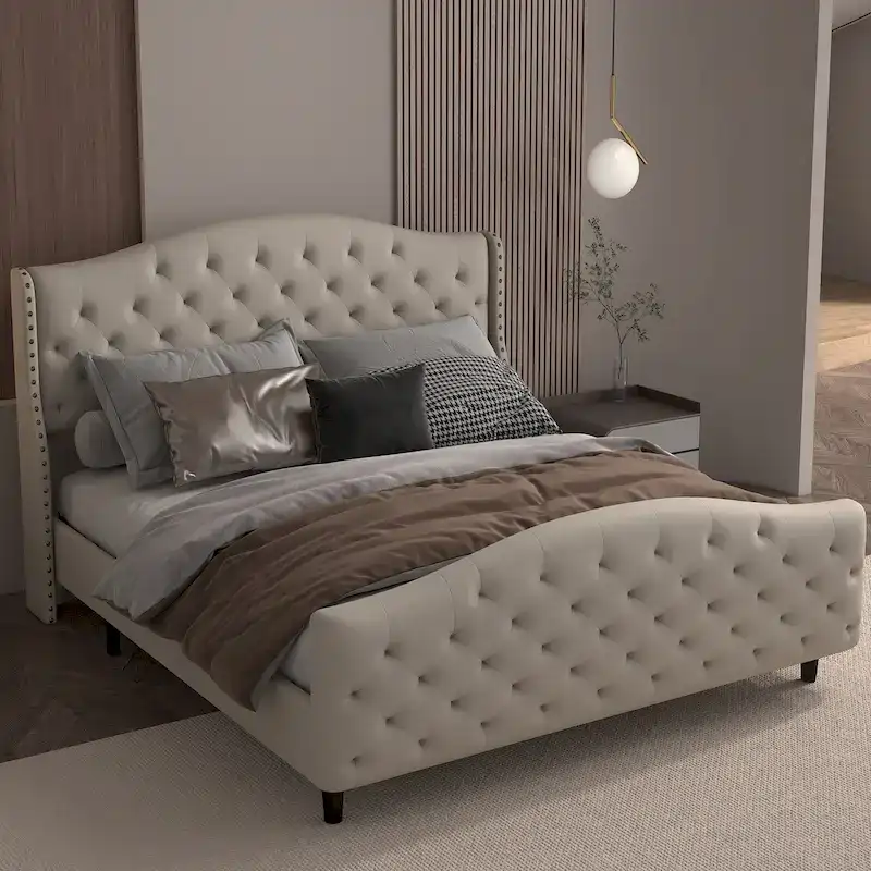 Bed Frame, Wingback Upholstered Button Tufted Headboard, No Box Spring Needed, Load Up to 800Lbs