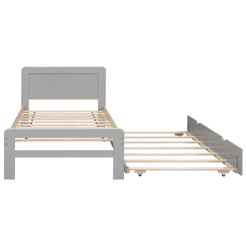 Grey Twin Wood Platform Bed Frame with Trundle | Rubberwood & Plywood | Modern Design