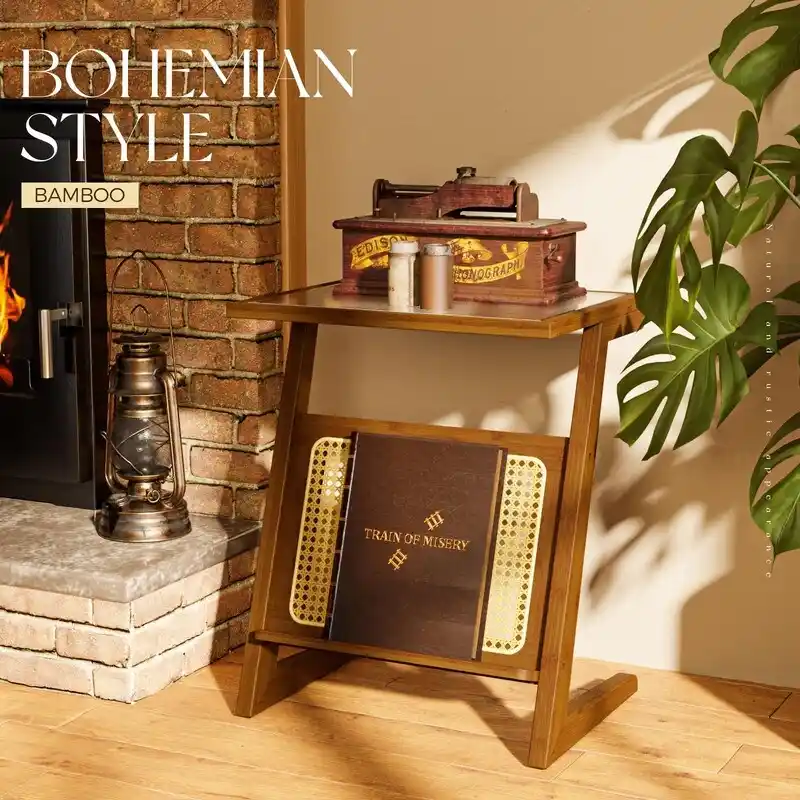 Brown / Natural Z-Shape Bamboo Rattan Side Table – Single