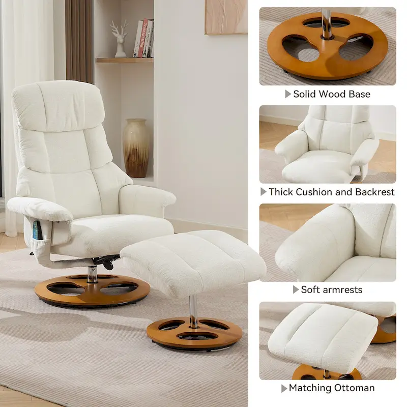 Heated Massage Armchair Chenille Fabric Seating Swivel Recliner Chair with Ottoman, Adjustable Backrest and Remote