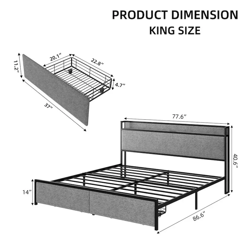 Grey King Platform Bed Frame with Storage & Charging Station