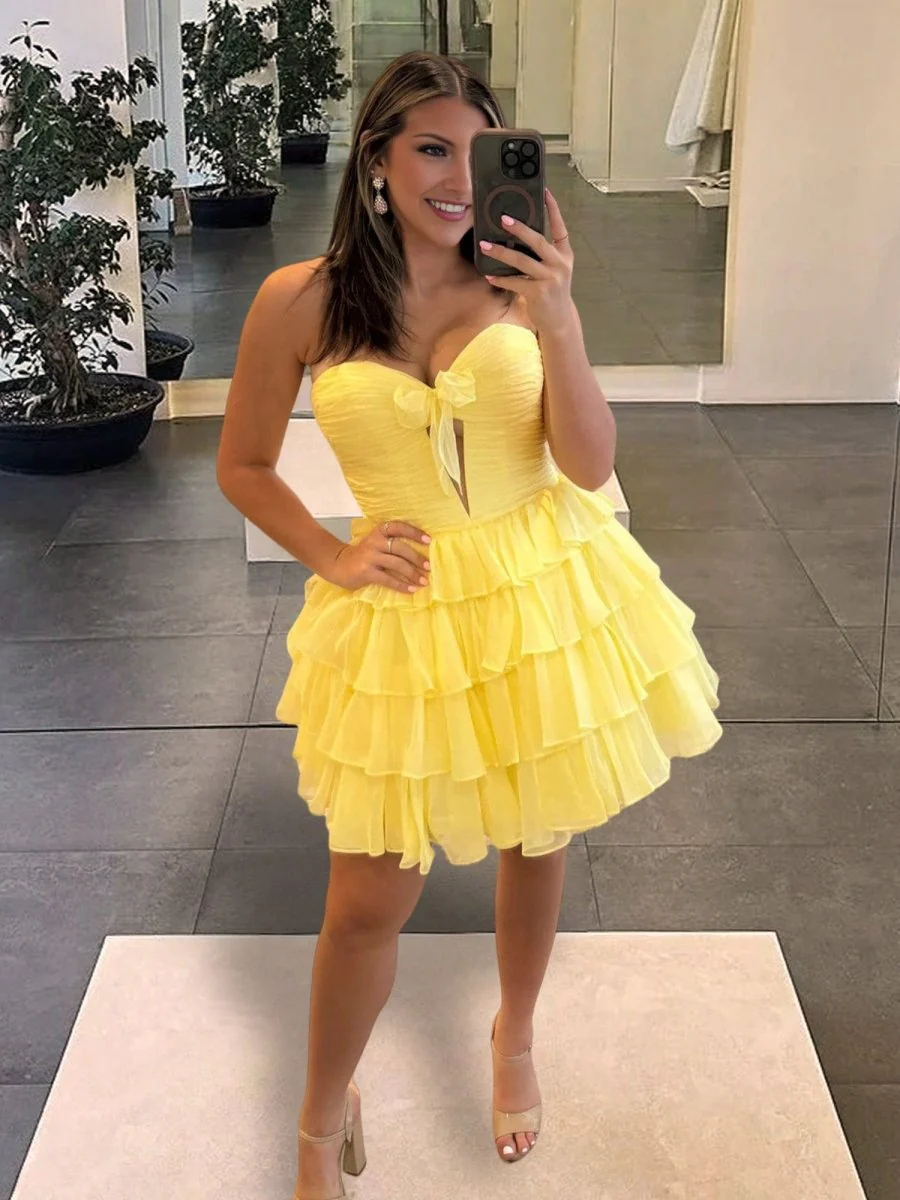 Yellow - Strapless A Line Chiffon Ruffled Cocktail Dresses With Bow