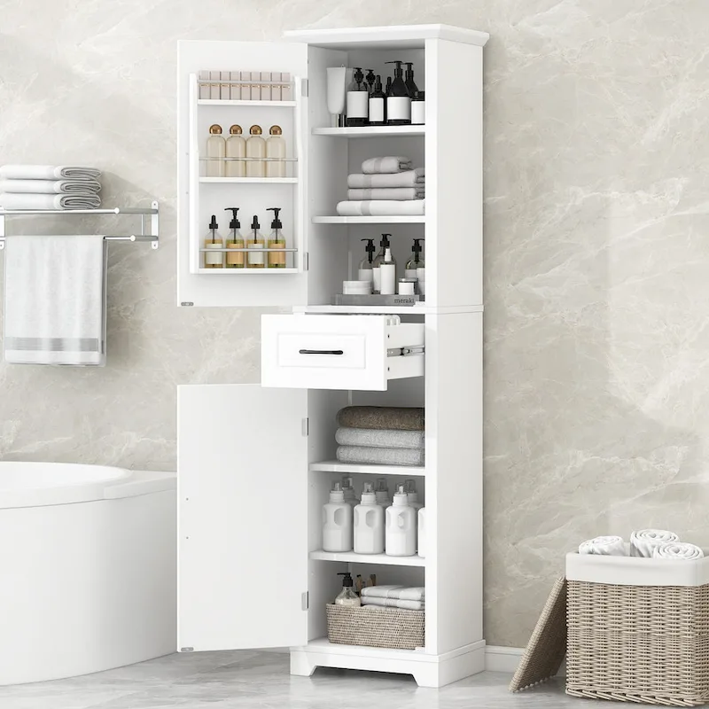 Tall Bathroom Storage Cabinet with Two Doors, Drawer and Adjustable Shelves