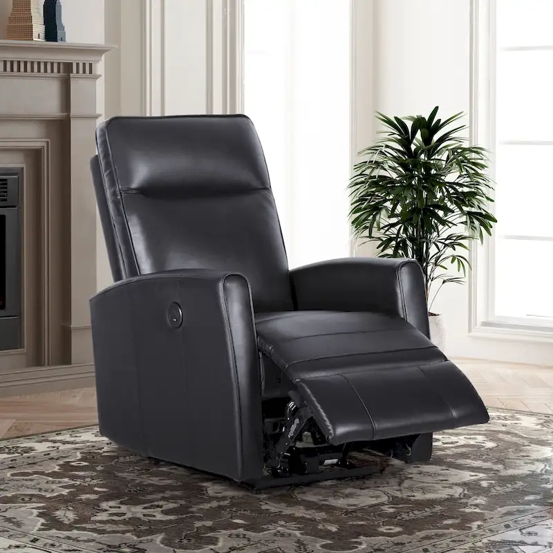 Black Single-Seat Genuine Leather Power Recliner with USB Charger (1-Person)