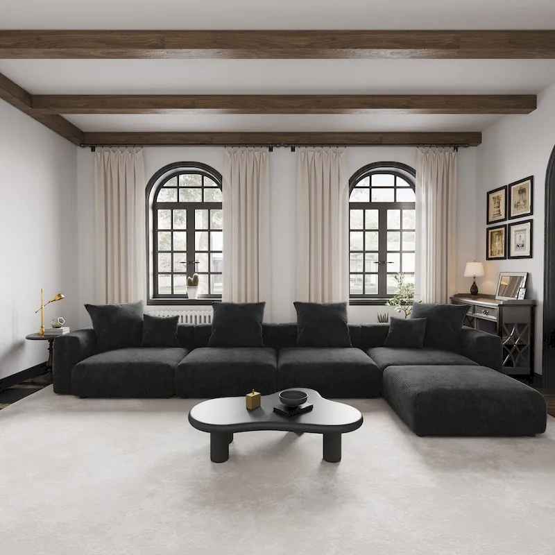 Black / Beige / Light Brown L-Shaped Corduroy Sectional Sofa, With Arms or Armless, Seats 5