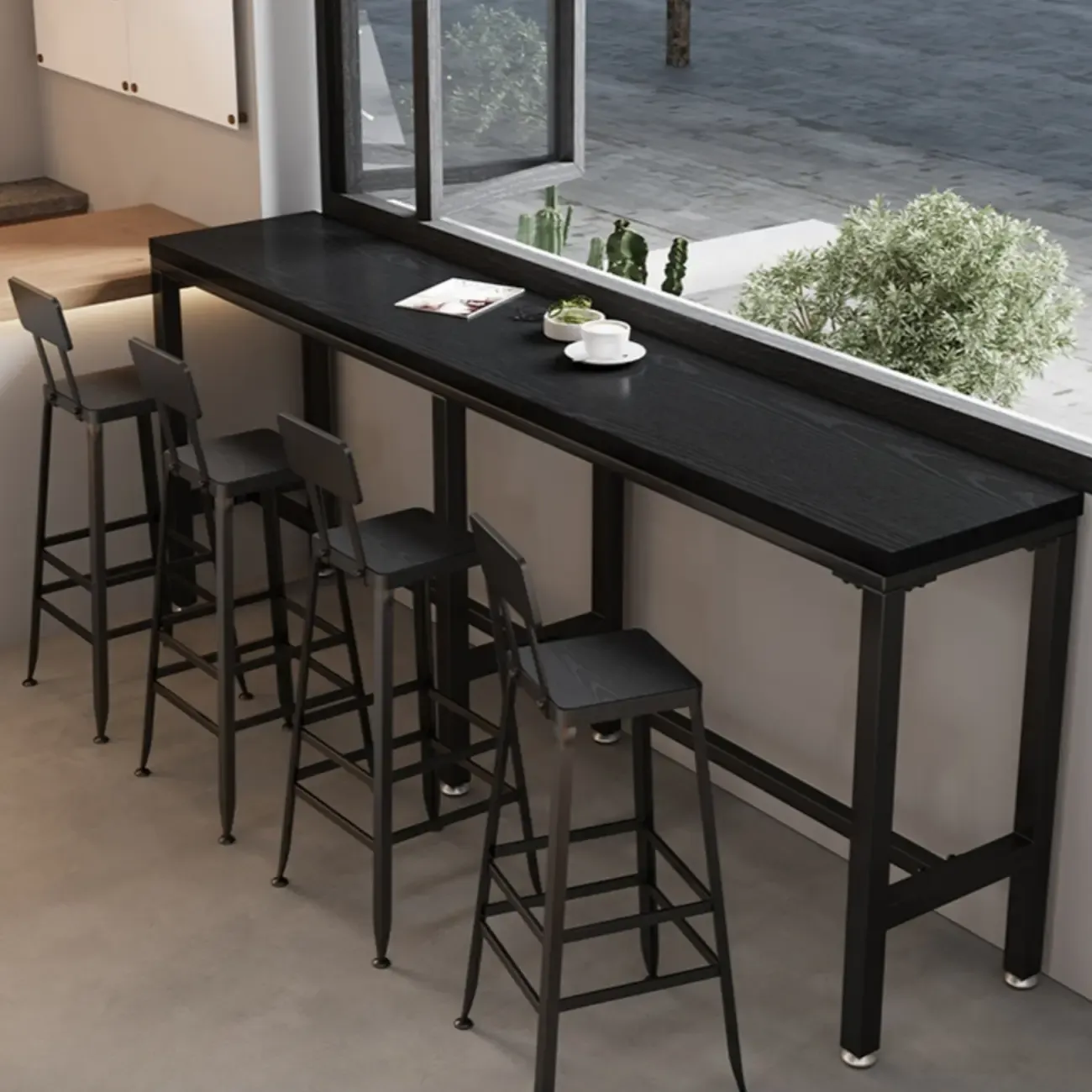 Modern Black Pine Wood Metal Bar Tables with Footrest
