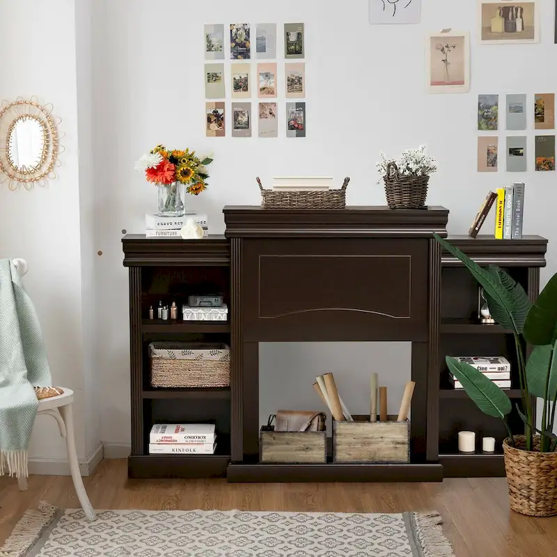 70-Inch Brown Media Entertainment Center with Bookcase and Fireplace Cabinet - 70  x 11 x 45 (L x W x H)