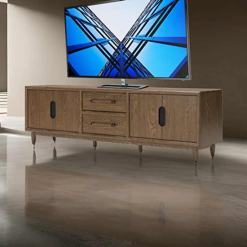 TV Media Console, 2 Drawers, 2 Shelves, Dark Brown Wood, 85 Inch