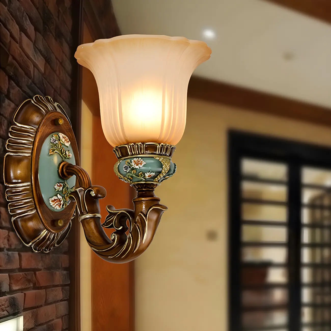 Vintage Glass Shade Peacock Green Wall Sconce