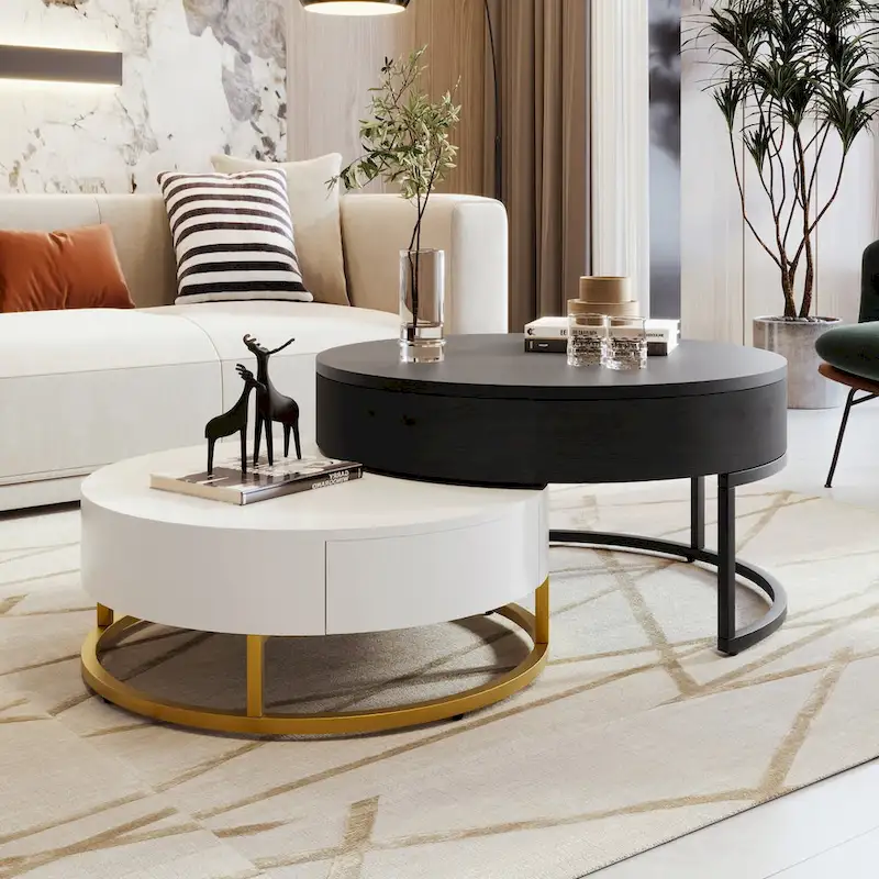 Round Lift-Top Nesting Coffee Tables with 2 Drawers