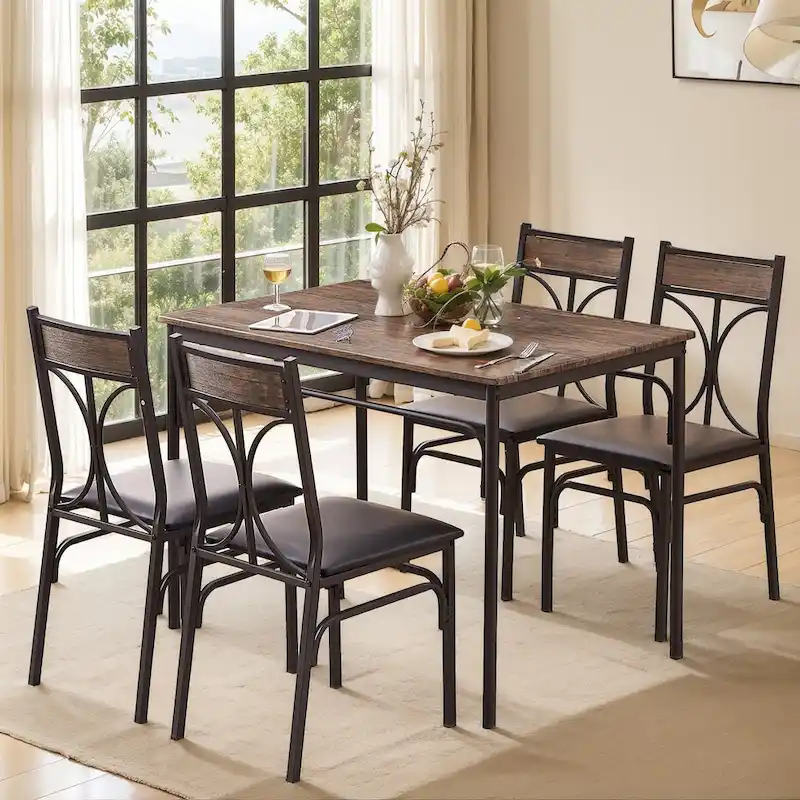 5-Piece Dining Table Set with 4 Upholstered Chairs, Brown