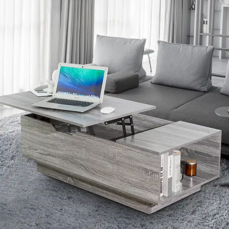 Grey / Walnut Lift-Top Coffee Table with Hidden Storage and Open Side Shelf – 47.2 in