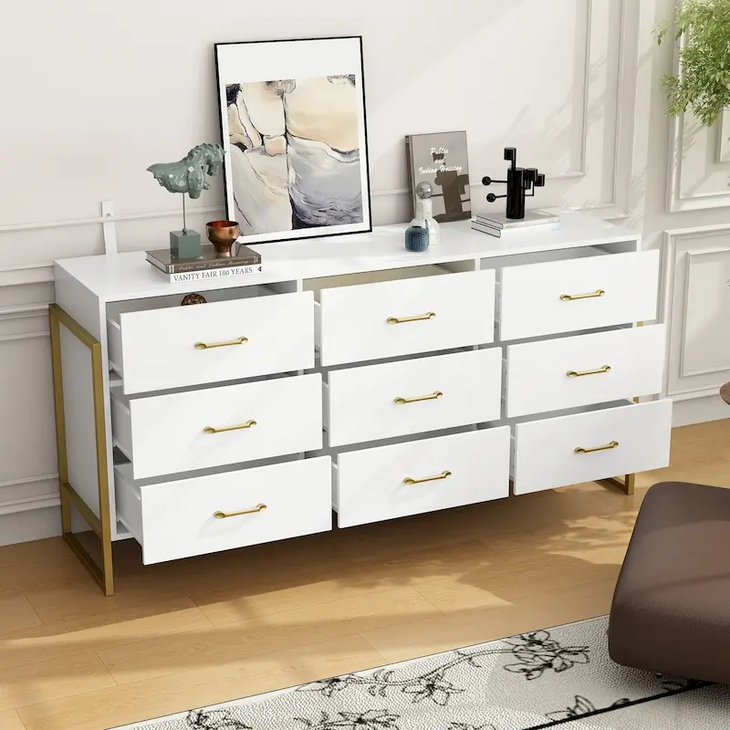 Elegant 9-Drawer Dresser with Gold Accents - Black Stripe Finish Chest