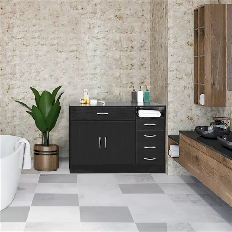 Black Double-Door 5-Drawer Bathroom Storage Cabinet, 1-Person Assembly