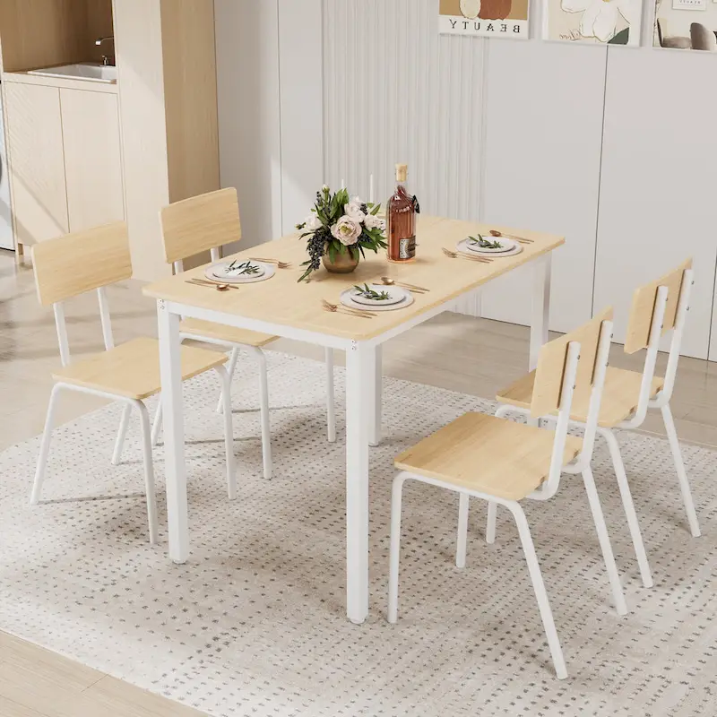 Kitchen Dining Table Set Metal Frame Breakfast Table with 4 Dining Chairs Modern Casual Dining Table Set 5-Piece Dining Set