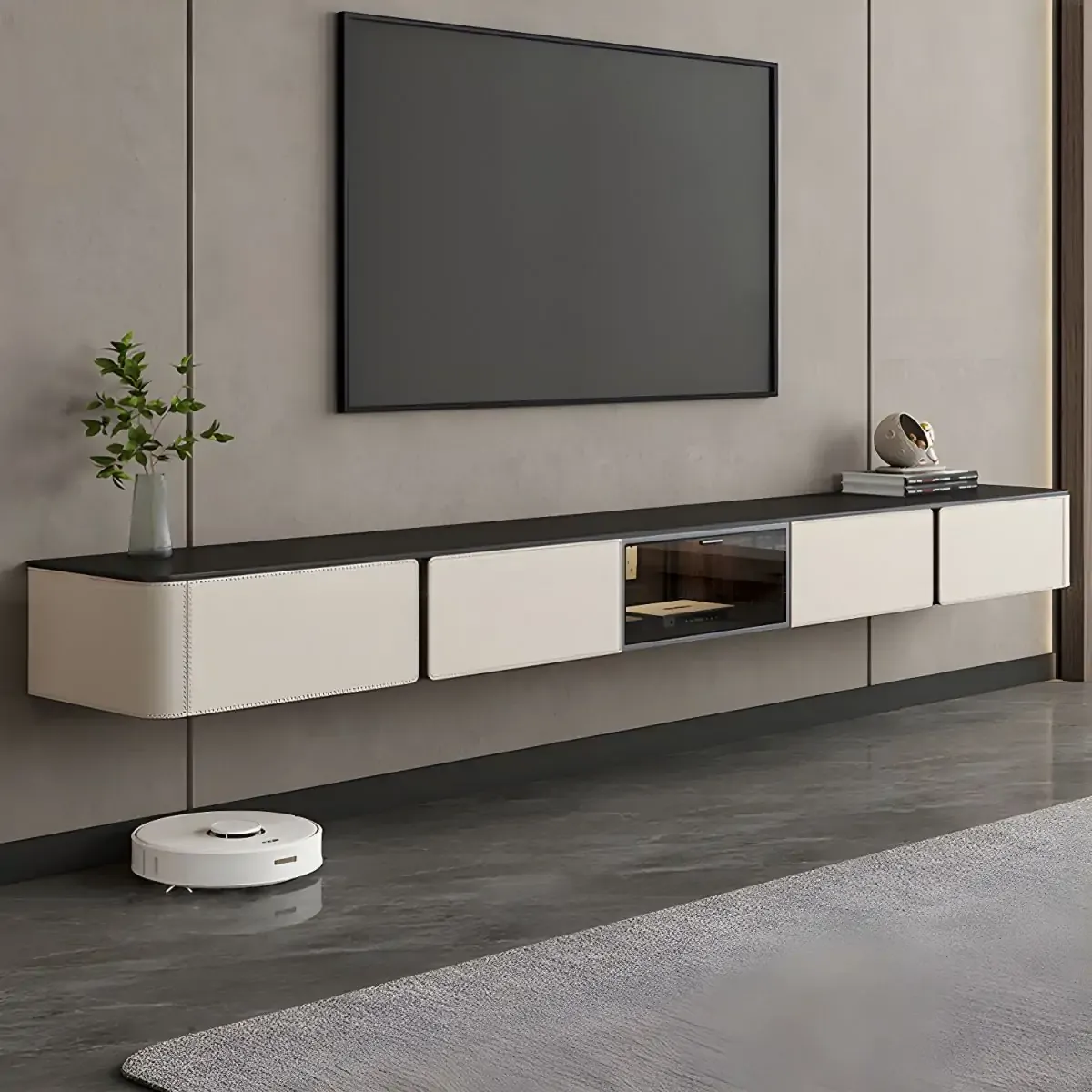 White Modern Stone Floating TV Stand with Cable Management