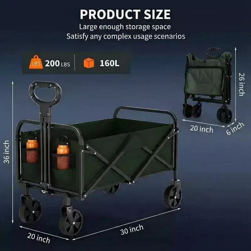 Acekool Collapsible Utility Wagon with 360 Rotating Wheels, 220lbs Load, Adjustable Handle, Beach, Camping, Garden, 73x46.5x89.5cm, Black