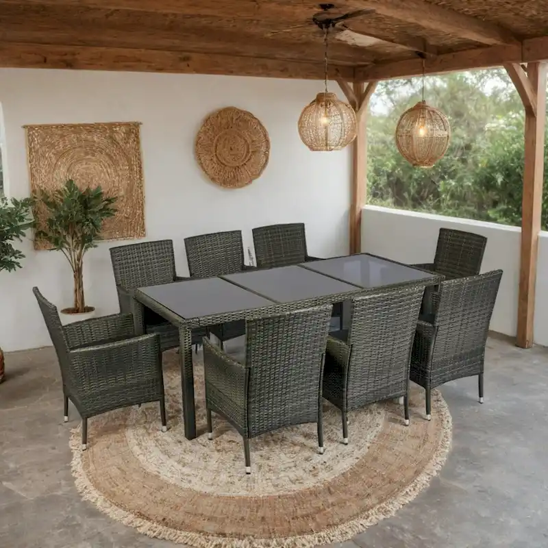 Outdoor Patio 9 Piece Wicker Dining Table Chairs Set Glass Table Top Casual Dining Table and 8 Removable Cushions Armchairs