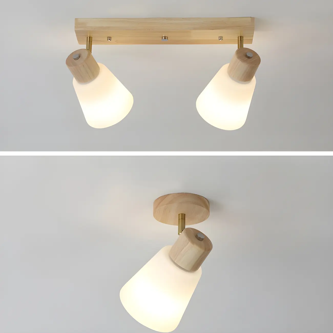Natural Wood White Cone Glass Adjustable Semi Flush Track Light
