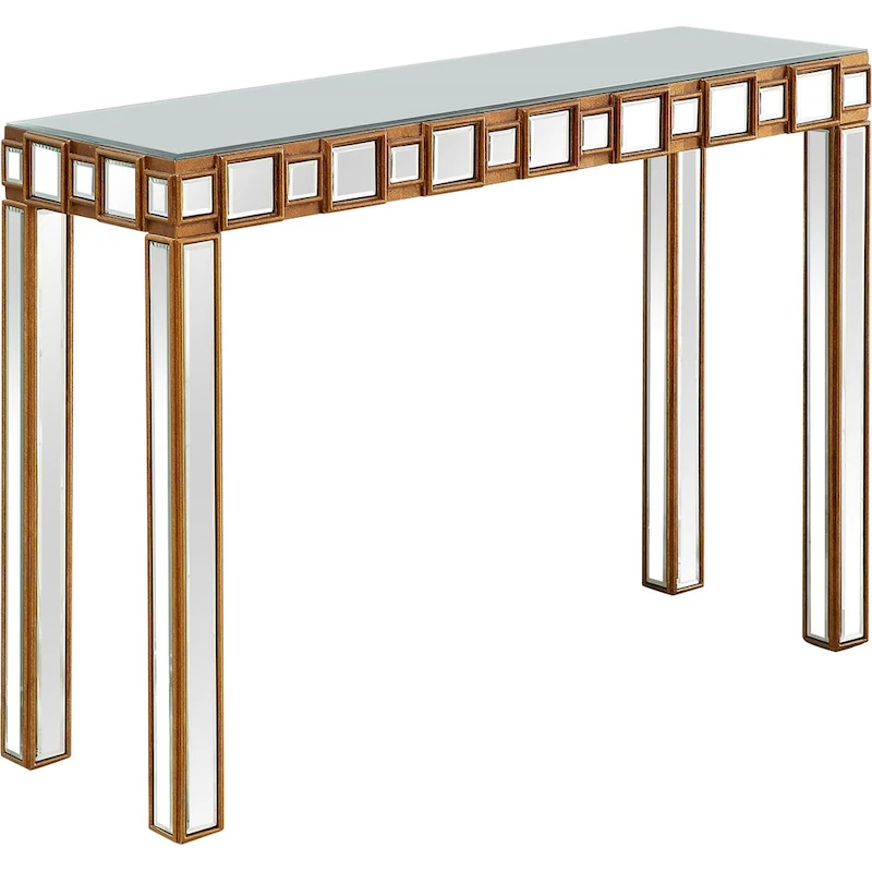 Gold Mirrored Rectangular Console Table and Four-Leg Glass Base - 43 L x 14 W x 31 H
