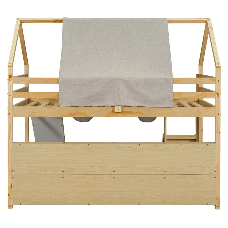 House-shaped Wooden Loft Bed with Tent, Slide, Ladder and Shelves