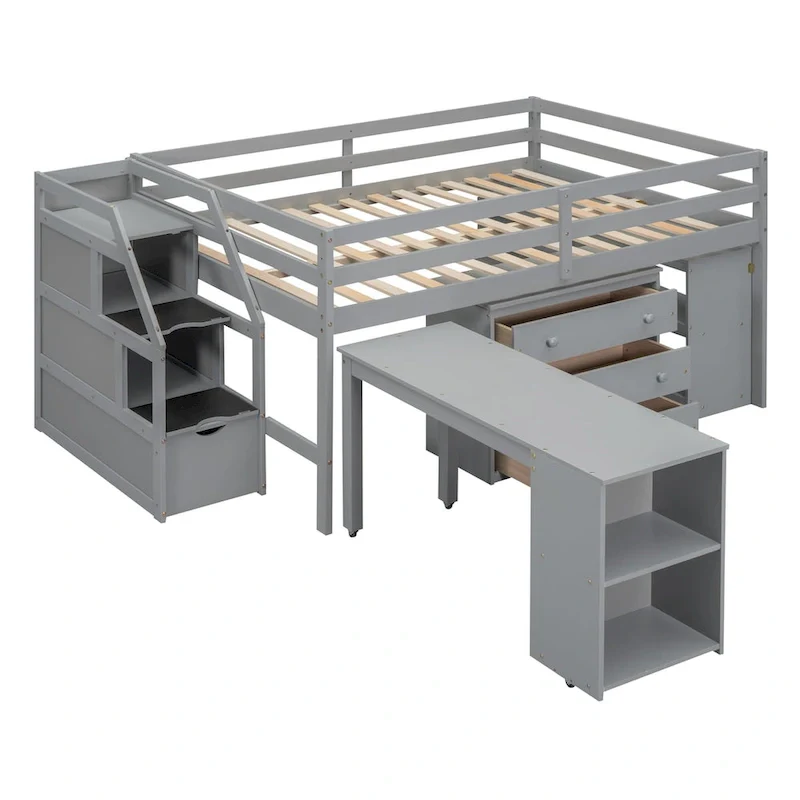 Gray Full Size Solid Wood Loft Bed with Retractable Desk, Storage Stairs, Storage Drawers, and Shelves