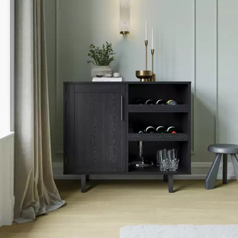 Flash Furniture Elmont Classic Bar and Sideboard with Shaker Style Single Door Cabinet with Hanging Glass Storage and Open Bottle Shelves