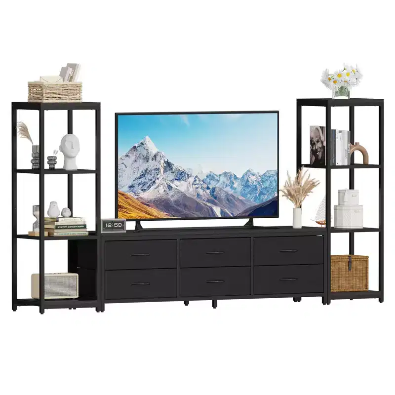 88.9 TV Stand for 75 Inch TV, Entertainment Center with Fabric Drawers & 4-Tier Open Shelves, Modern Media Console with Storage for Living Room