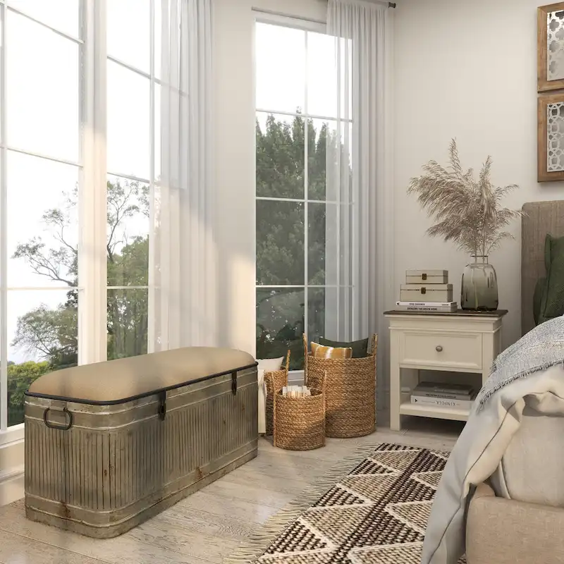 18-inch Grey Metal Fabric Bench