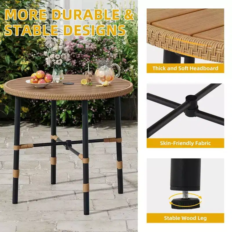 Outdoor Wicker Round Dining Table Plastic Wood Tabletop with 2.2in Umbrella Hole