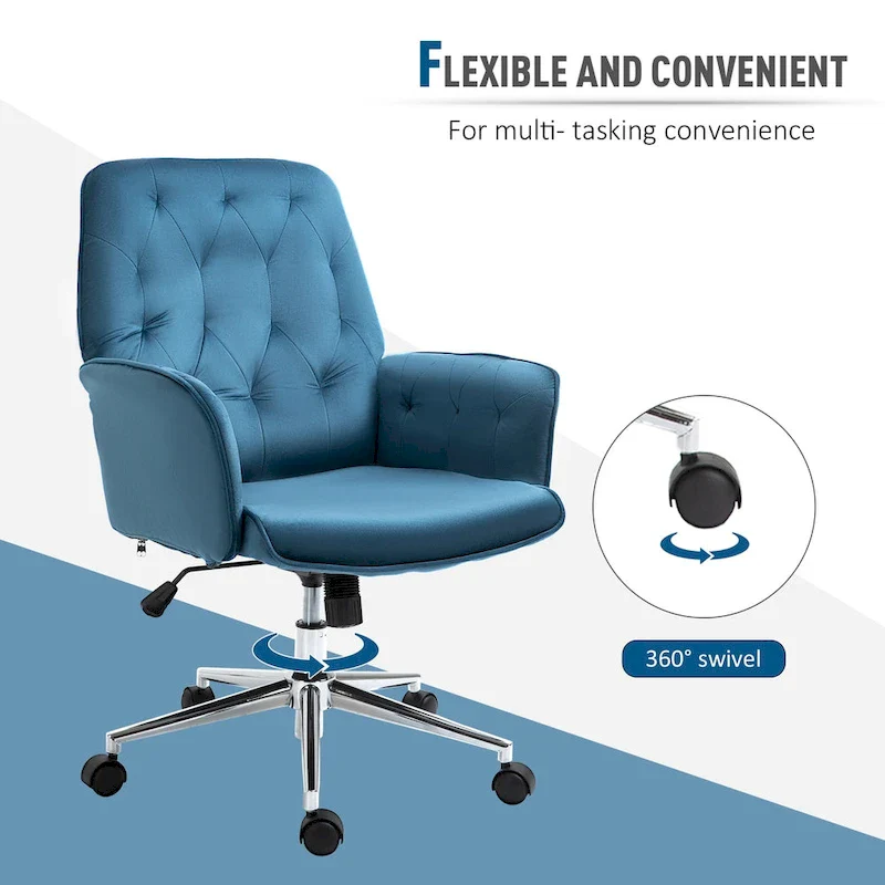 Blue Velvet Mid-Back Office Chair with Arms, Swivel & Adjustable Height
