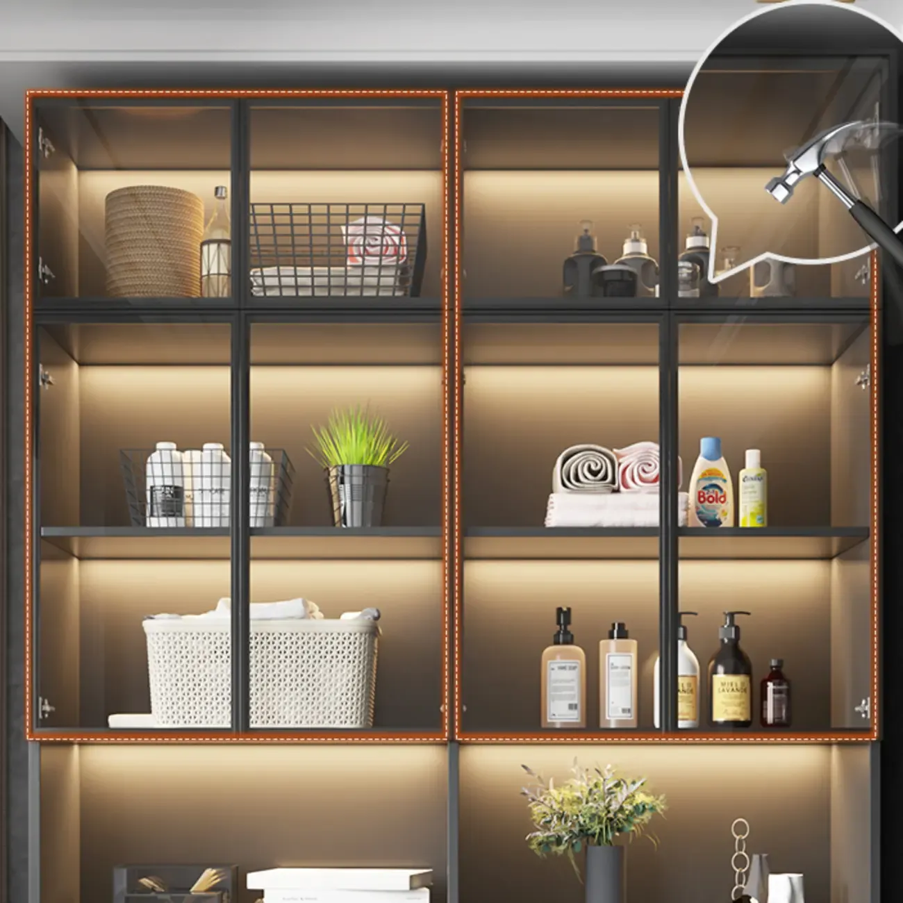 Freestanding Grey Wood Glass Display Cabinet with Light