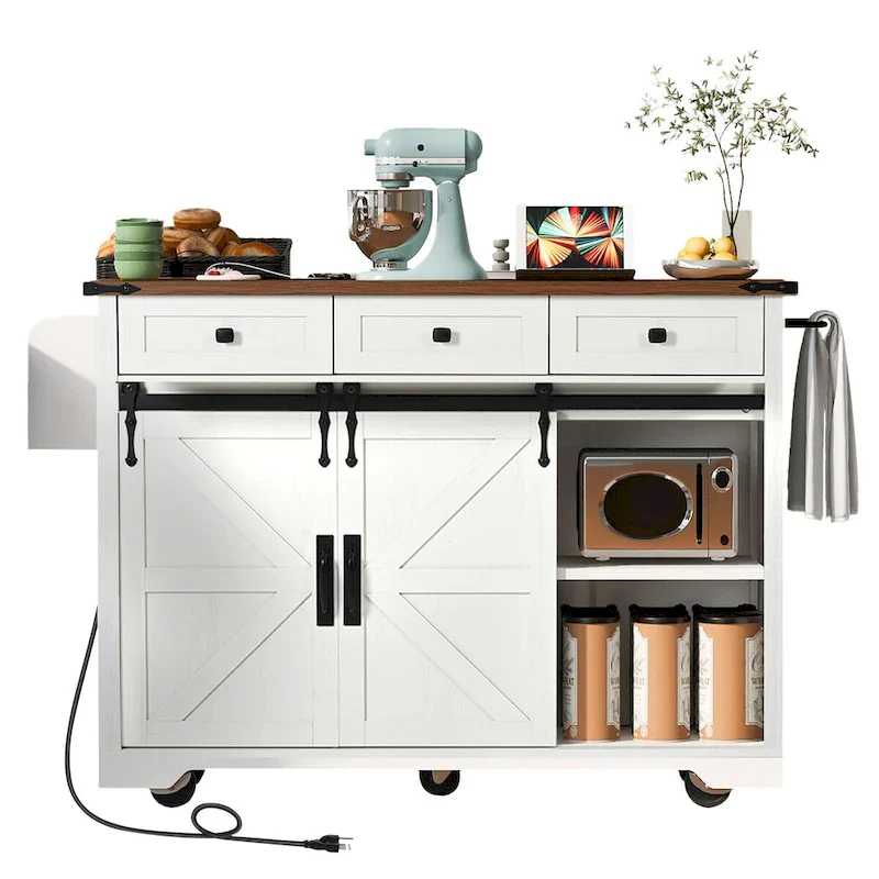 53.7 Farmhouse Kitchen Island with Power Outlets and 2 Sliding Barn Doors