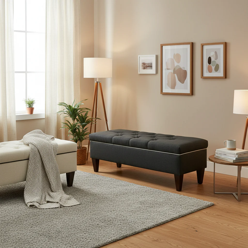 Diamond Tufted Upholstered Long Storage Bench Ottoman