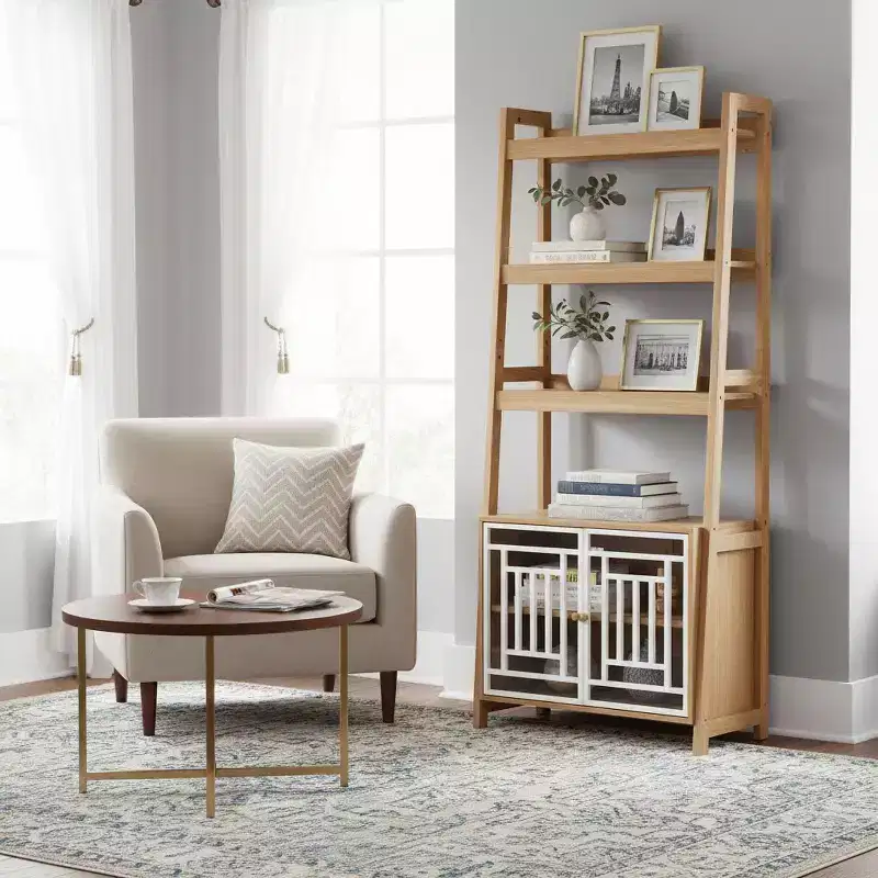Homy Casa Ladder Shelf with Storage Cabinet and Open Display, Natural