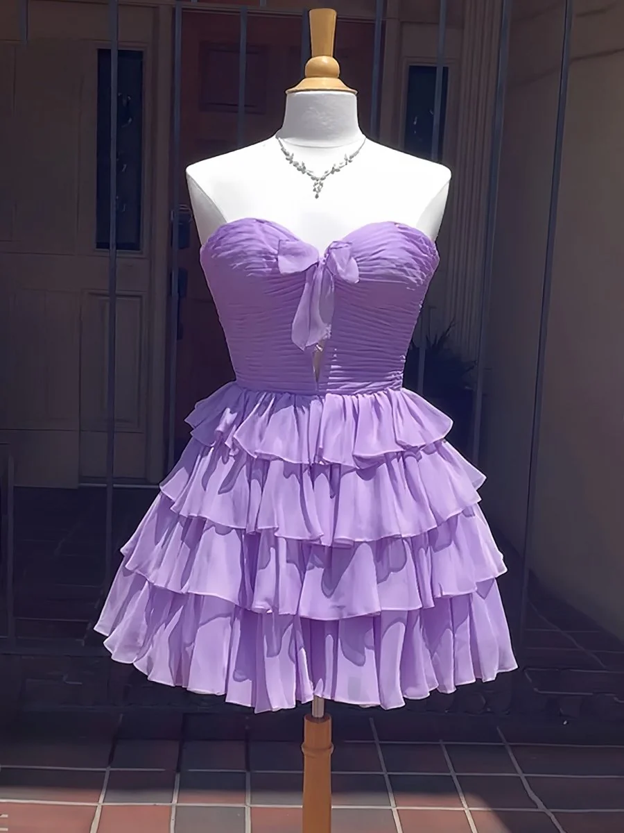 Lavender - A Line Tulle Ruffles Sweetheart Short Homecoming Dresses with Bow