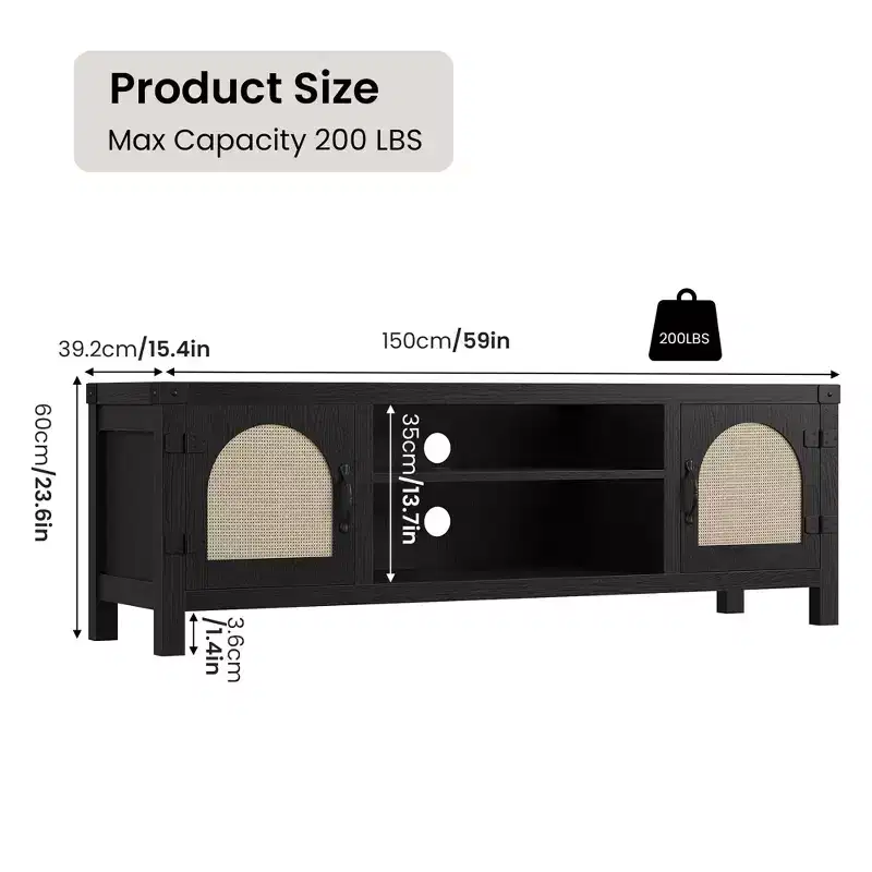 TV Stand for Living Room, 59 TV Console Cabinet with Rattan Door and Adjustable Shelves, Boho Entertainment Center