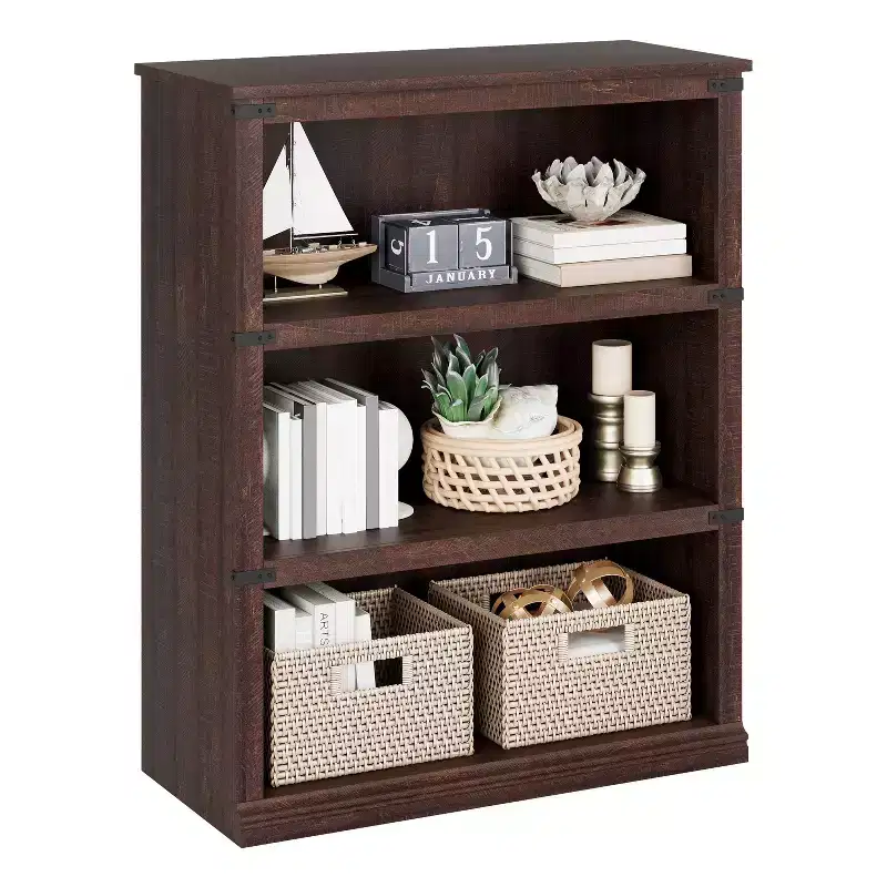 3-Tier Wooden Bookcase, Farmhouse Style Storage Shelf with 3 Shelves, Low Bookshelf for Home Office, Living Room, or Bedroom