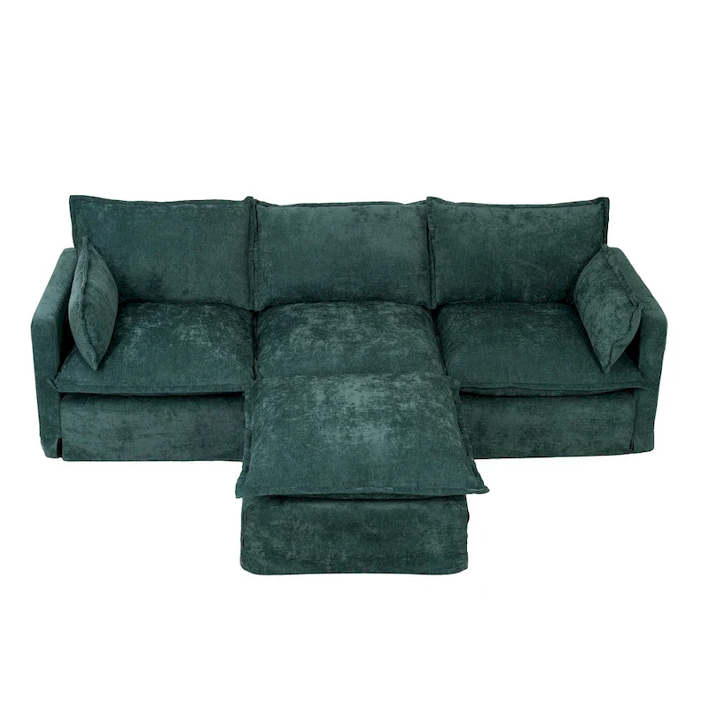 93.31  Faux Linen Modular Sectional Sofa with Movable Ottoman, Solid Wood Frame, and High-Resilience Foam Cushions