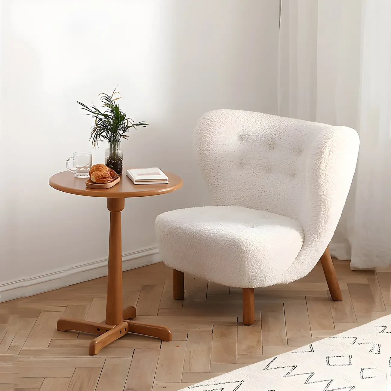 Mid-Century Modern Flannel Accent Chair in Off-White