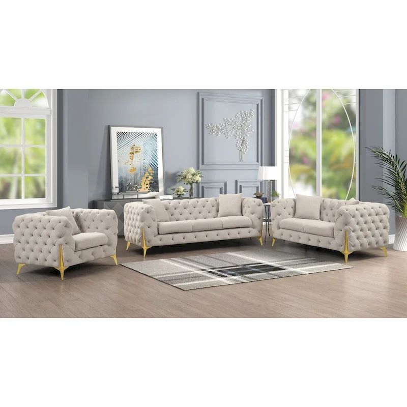 3 Pieces Mid-century Modern Buckle Fabric Living Room Sofa Set Sectional
