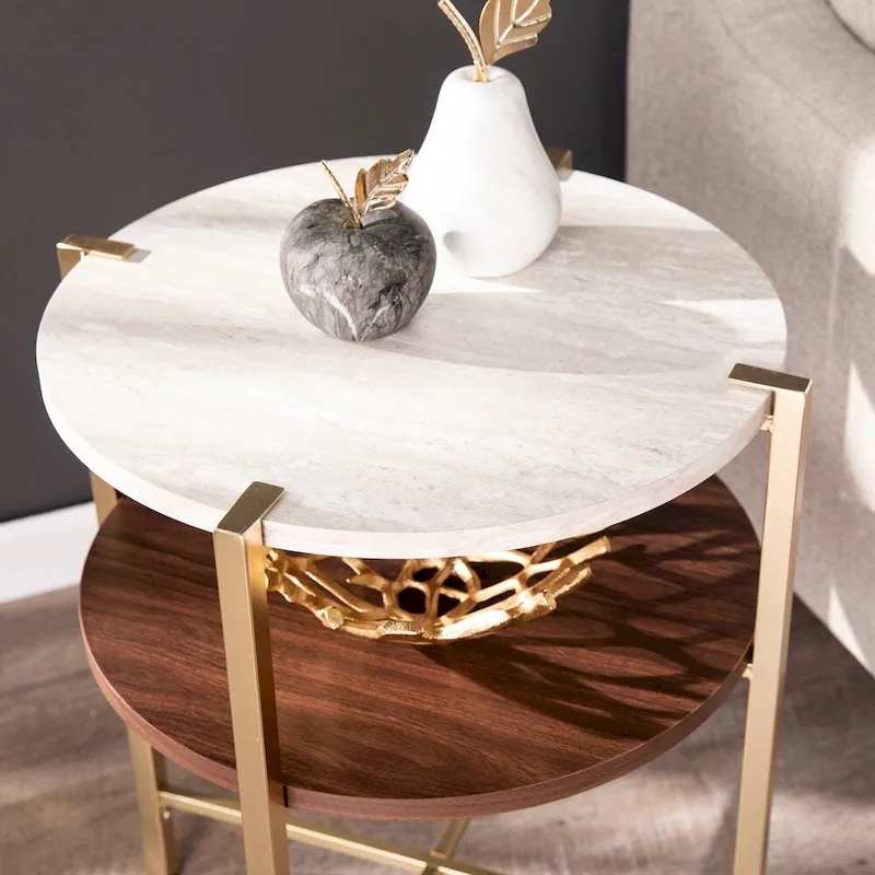 White/Brown Round Two-Tier Side Table with Faux Marble Top & Wood Shelf