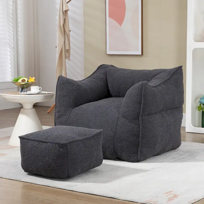 Boucle Upholstered Deep Seat Armless Square Bean Bag Chair with Ottoman