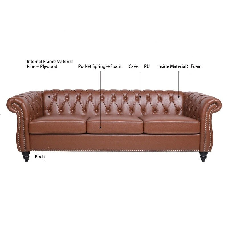 GEITIN 84.65 PU Rolled Arm Chesterfield 3 Seater Sofa