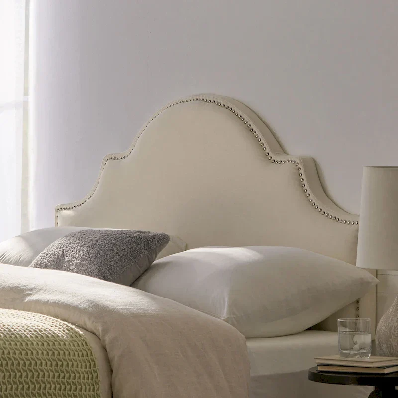 Ivory / Light Grey / Beige / Grey Camel-Back Upholstered Headboard with Nailhead Trim - Single Use