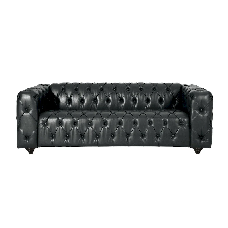 Faux Leather Button Tufted 3-seater Sofa with Wood Legs