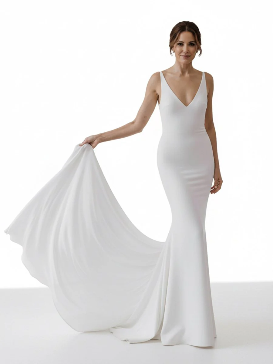 Mermaid Deep V-Neck Backless White Wedding Dress