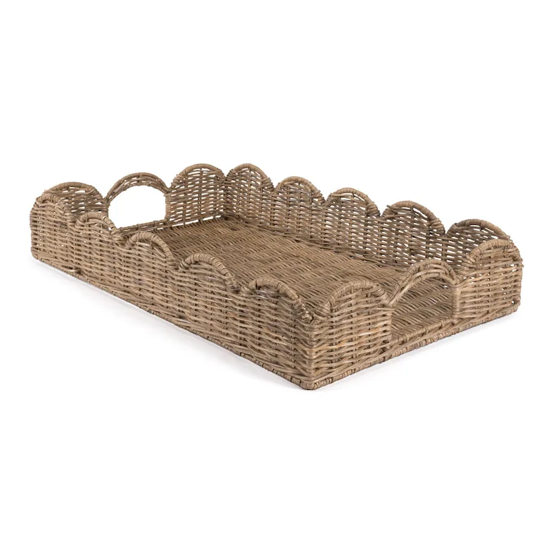 happimess Scalloped 21.5  Southwestern Cottage Hand-Woven Rattan Tray with Handles, Natural