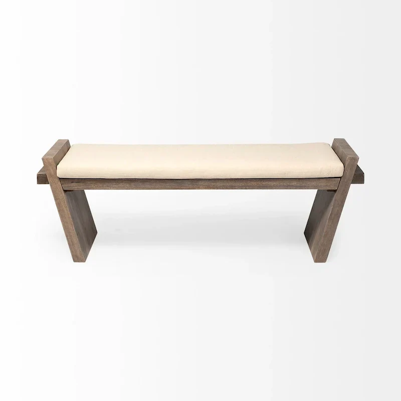 Elaine I Cream Fabric Seat w/ Brown Wood Entryway Bench - 58W x 15D x 20H